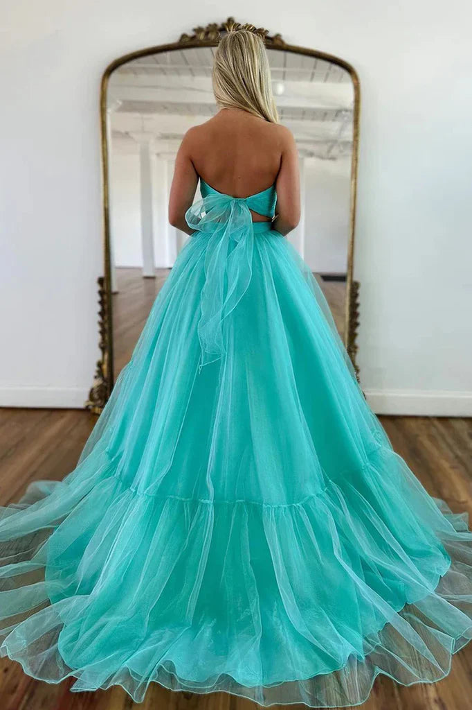 Vestido de fiesta formal largo de tul con hombros descubiertos y corte A